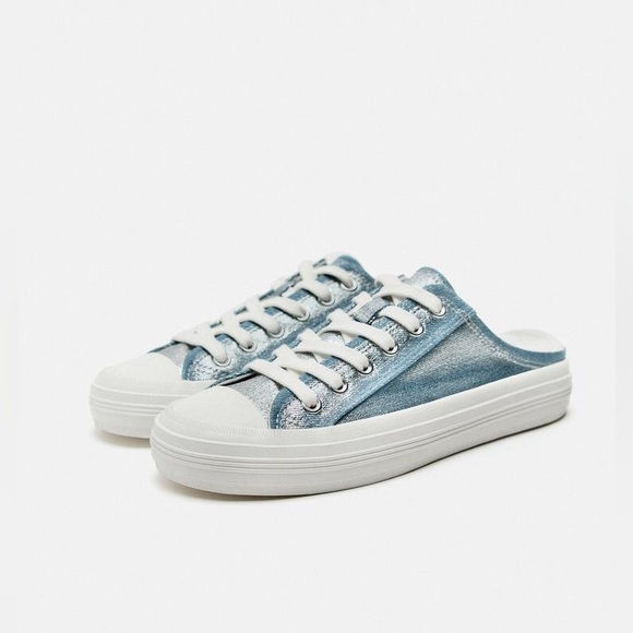 ZARA NWT METALLIC OPEN BACK DENIM SNEAKERS - Picture 1 of 5